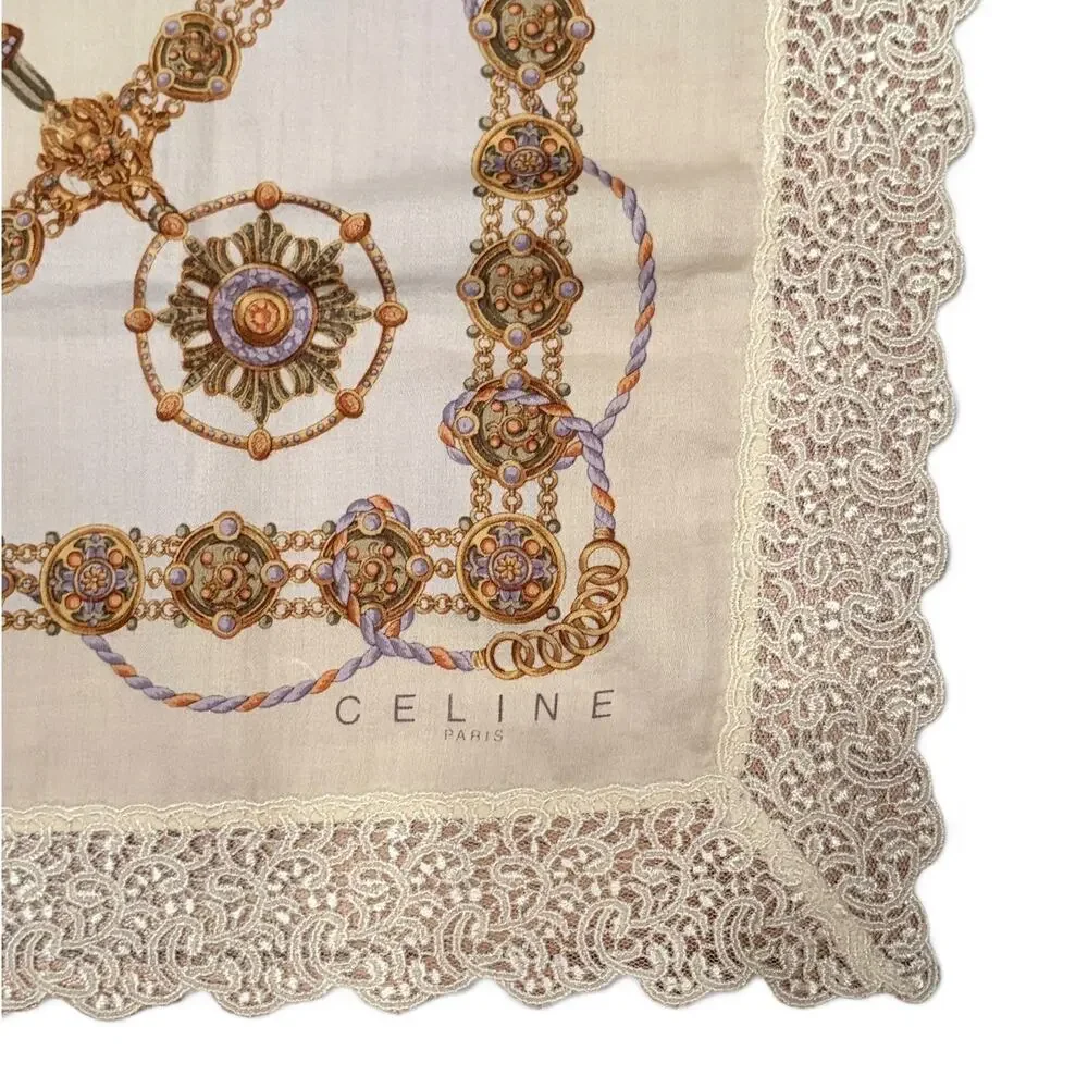Celine Paris Vintage Chain Jewel Tassel Print Lace Trim Scarf 20x20 Ivory